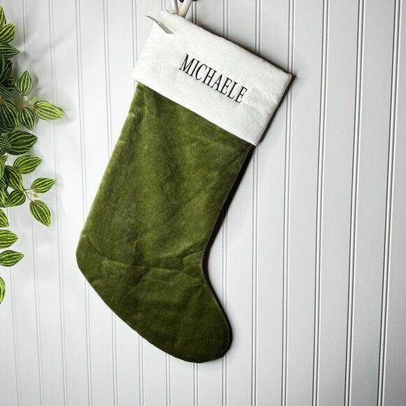 Pottery Barn MICHAELE Classic White Green Velvet Christmas Stocking Mono NWOT - Picture 1 of 6